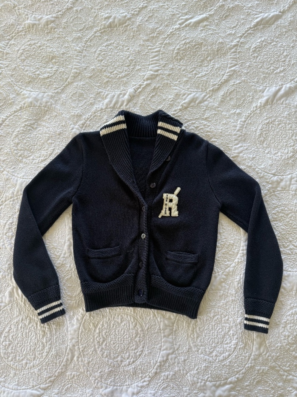 The River Navy Blue 100% Cotton Cardigan Sweater Size Small Varsity Collar